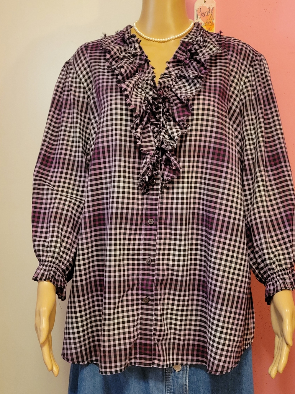 Tommy Hilfiger Purple and Black Plaid Ruffle Button-Down Top